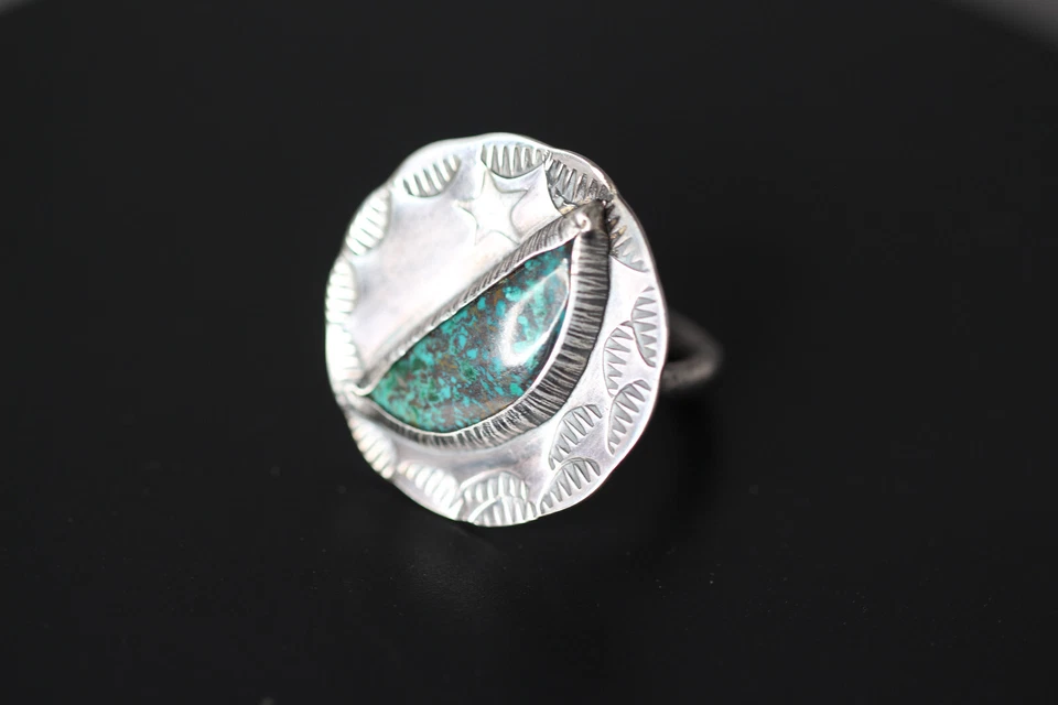 Anillo Crisocola Azul Cabujón Piedra Preciosa Plata de Ley 925 Talla 5.5 Estrella Luna Foto 4 de 4