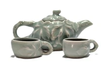 Miniature Green Vine Leaf Doll Tea Set w/ Teapot & 2 Cups Ceramic Vintage 2.5" 