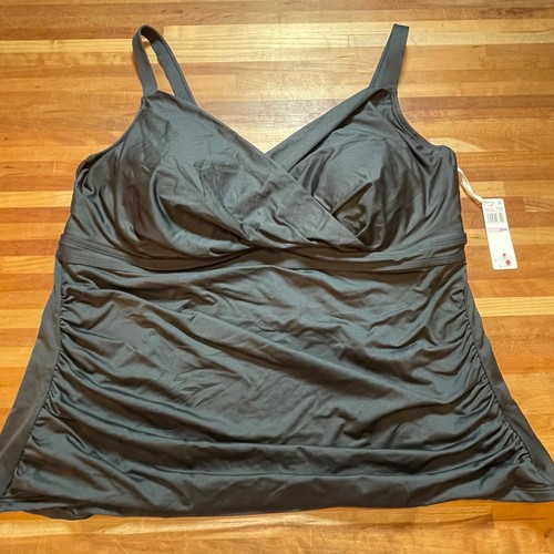 ANNE COLE Plus Size Surplice Shirred Tankini Top 22W black - Picture 2 of 10