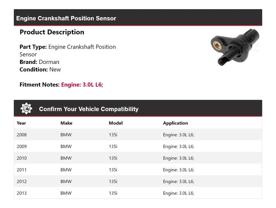 Sensor de posición del cigüeñal 2009 para BMW 135i 2008-2013 3,0 L L6 motor Dorman Foto 2 de 4