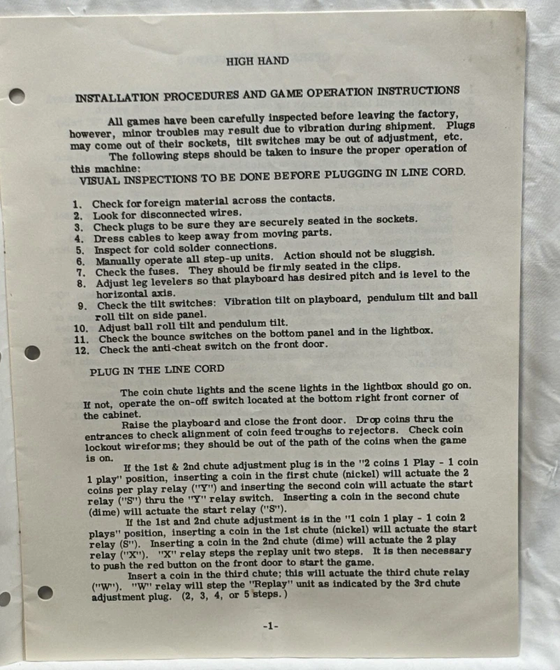 ORIGINAL-GOTTLIEB-HIGH HAND-INSTALLATION & GAME INSTRUCTIONS - Image 2 of 3