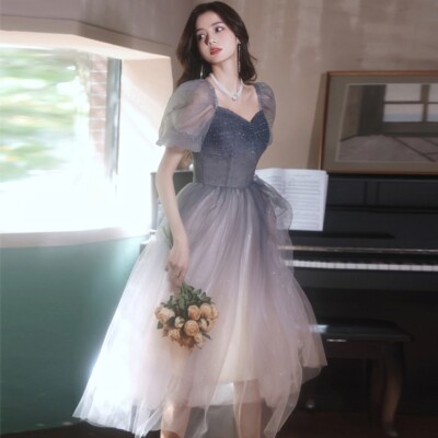 Lady Puff-Sleeve Mesh Crystal Dress Bling Fairy Gown Midi A-line Banquet  Evening