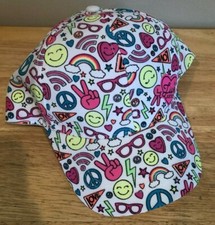 GIRLS JUSTICE BASEBALL CAP HAT ONE SIZE WHITE NEON EMOJI