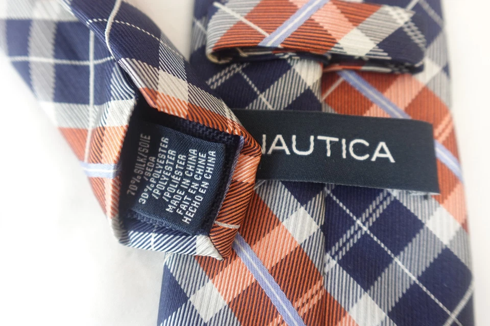 Corbata Nautica Azul Marino Naranja Cuadros Clásica Preppy Mezcla de Seda Para Hombre Foto 2 de 4