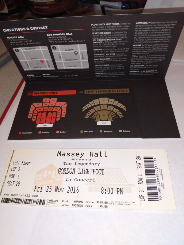 Gordon Lightfoot Unused Concert Ticket Massey Hall Toronto Rare 11/25/16