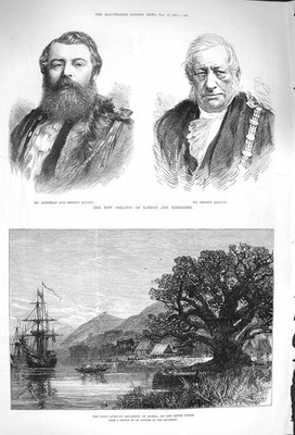 Original alter antiker Druck 1875 Fluss Kongo Schiffe Bomma Sheriff Ritter Breffit