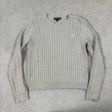 Lauren Ralph Lauren Women Beige Cable Knit Crewneck Sweater Top Size Large Logo