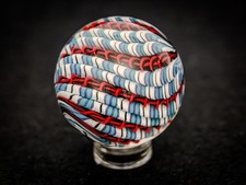 Bryan Trillas Glass Marble/Filigree Cane/Red White Blue Black Teal/1.45 inch
