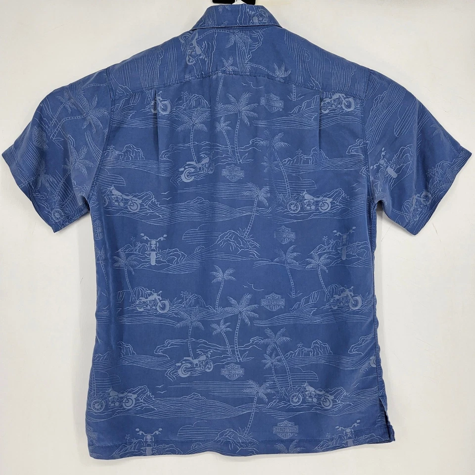 Camisa Harley Davidson Para Hombre Mediana Hawaiana Manga Corta Azul Suave Informal Foto 4 de 4