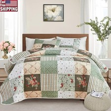 Queen Quilt Set 3 Pieces Floral Plaid Microfiber Coverlet Pillow Shams New