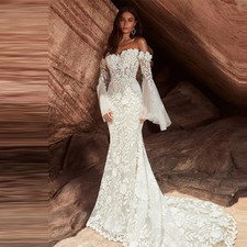 Elegant Lace Wedding Dress Sweetheart Off Shoulder Flare Sleees Backless Bridal