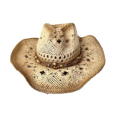 Hatra R26 Crochet Straw Cowboy Hat Beaded Boho Western One Size Open Weave
