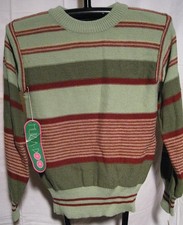 Huk-A-Poo Celery Green Rust Striped 70s Crewneck Knit Pullover Sweater Deadstock