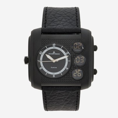 Jacques Lemans Madrid 1-1780D Herren Ana-Digi Uhr Schwarzes Leder 100M