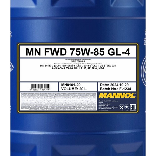 60 (3x20) Litre SAE 75W-85 Mannol Fwd Huile de Transmission/ Manuelle/ Api GL-4 - Photo 3/4