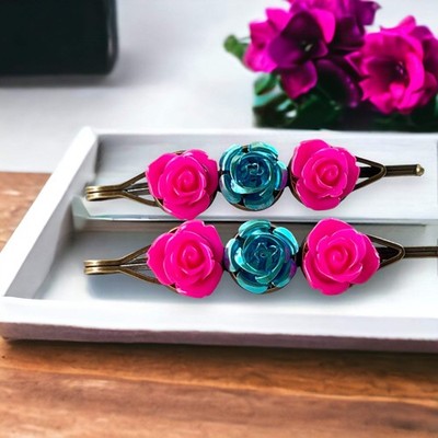 Pink Rose Flower Hair Pin Womens Blue Floral Bobby Pin Cute Boho Bridal Hair Pin