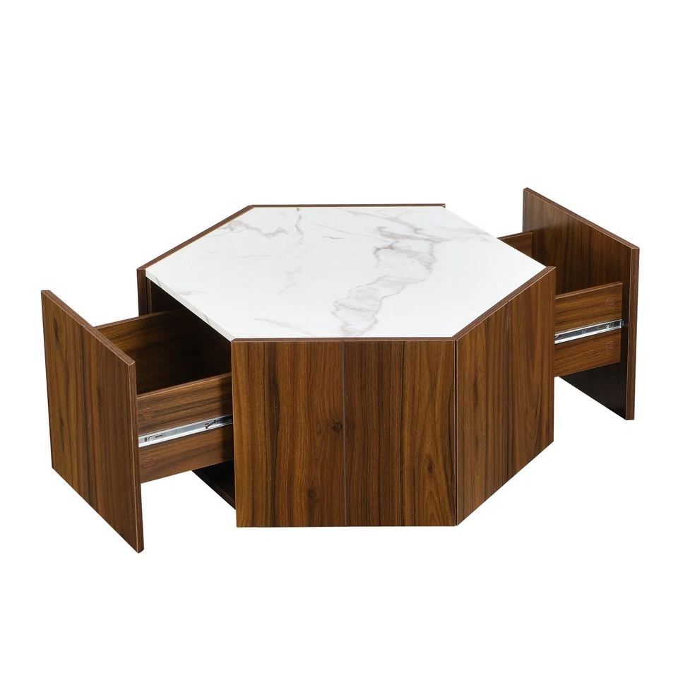 Farmhouse Hexagonal Coffee Table Center Cocktail Table w/ 2 Hidden Drawers - Image 4 of 4