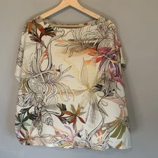 Bryn Walker Boxy Top Large Multi Color Floral USA  Short Sleeve Blouse Tropical