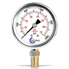 2.5" LIQUID FILLED PRESSURE GAUGE 0-1000 PSI, STAINLESS STEEL CASE LOWER MOUNT