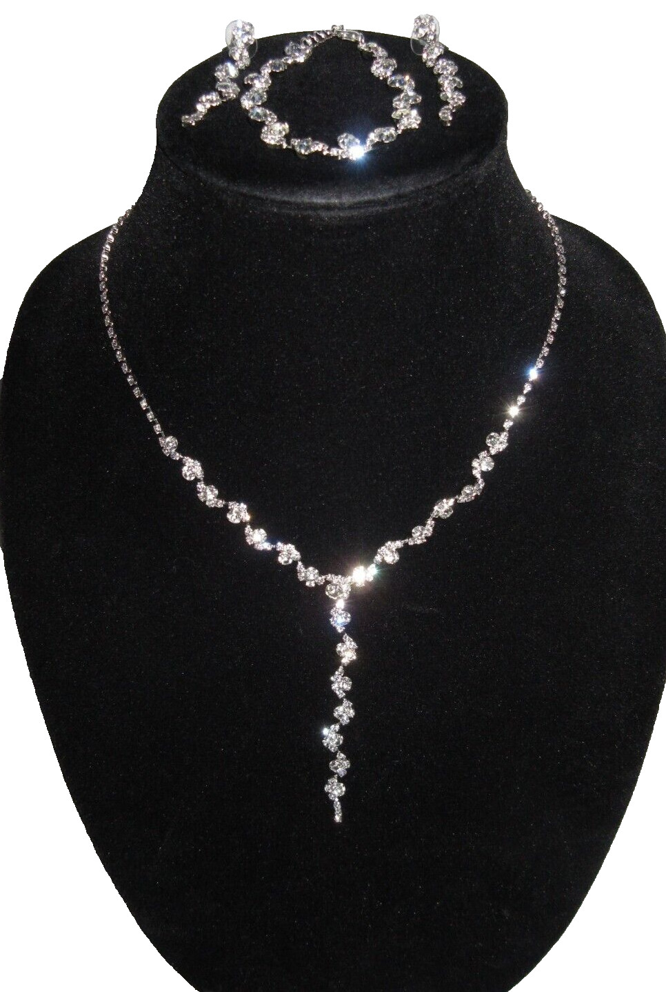 Elegant Rhinestone Necklace Choker Earrings Bracelet Lariat 4PC Set Bride Jewels