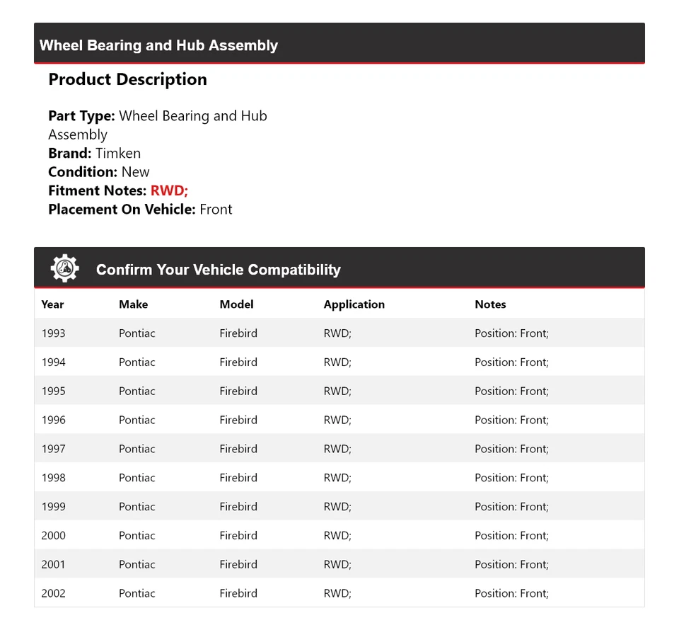 For 1993-2002 Pontiac Firebird RWD Wheel Bearing and Hub Assembly Front Timken - Image 2 of 4