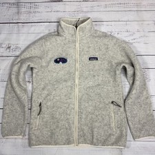 Women's Patagonia Fleece Light Beige Jacket Embroidery Full Zip Pockets Sz M