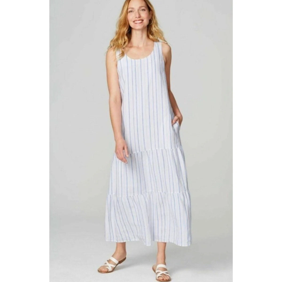 J. Jill Love linen maxi dress tiered striped 100% linen Sz S