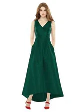 ALFRED SUNG D723S Hunter Emerald Satin Twill V-Neck Hi/Lo Asymmetric Gown 10 R