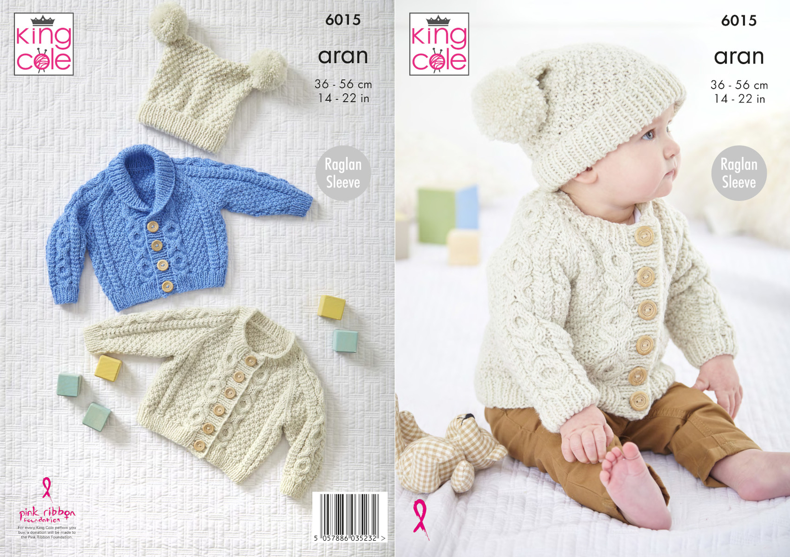 King Cole Baby Aran Knitting Pattern Raglan Sleeve Cable Knit Cardigan Hat 6015 - Image 4