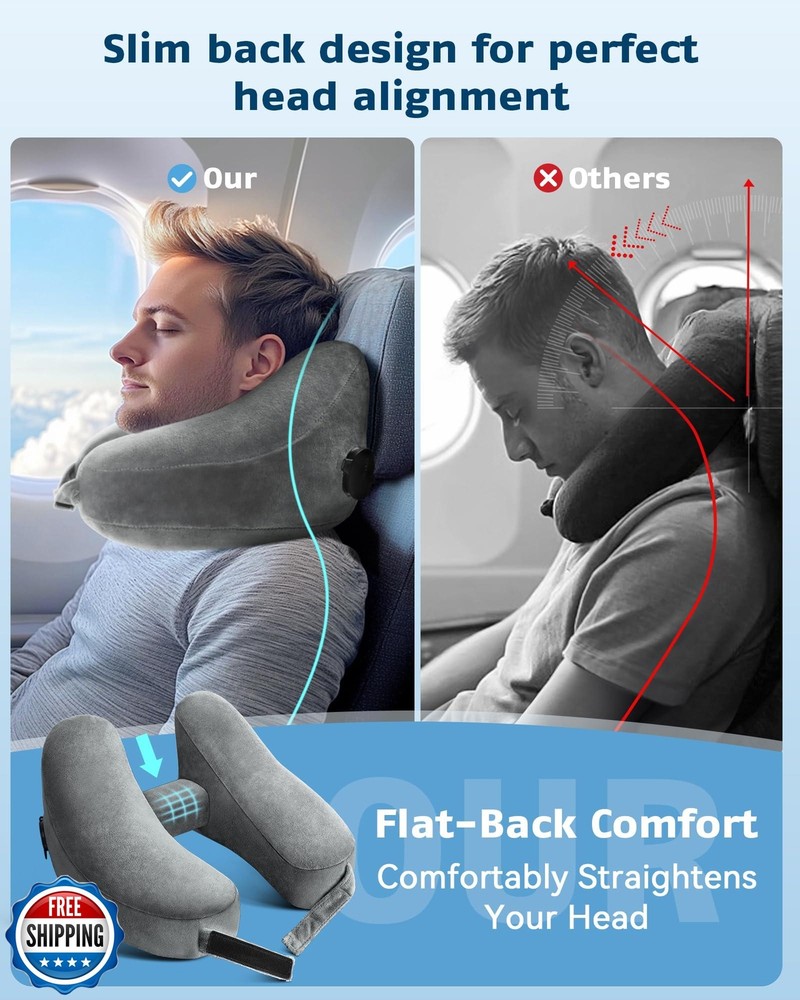 Inflatable Travel Neck Pillow with Soft Velvet Cover for Airplane Comfort