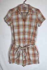 Toad  Co Camp Cove Romper Womens Sz M Brown Plaid Button Front Organic Cotton