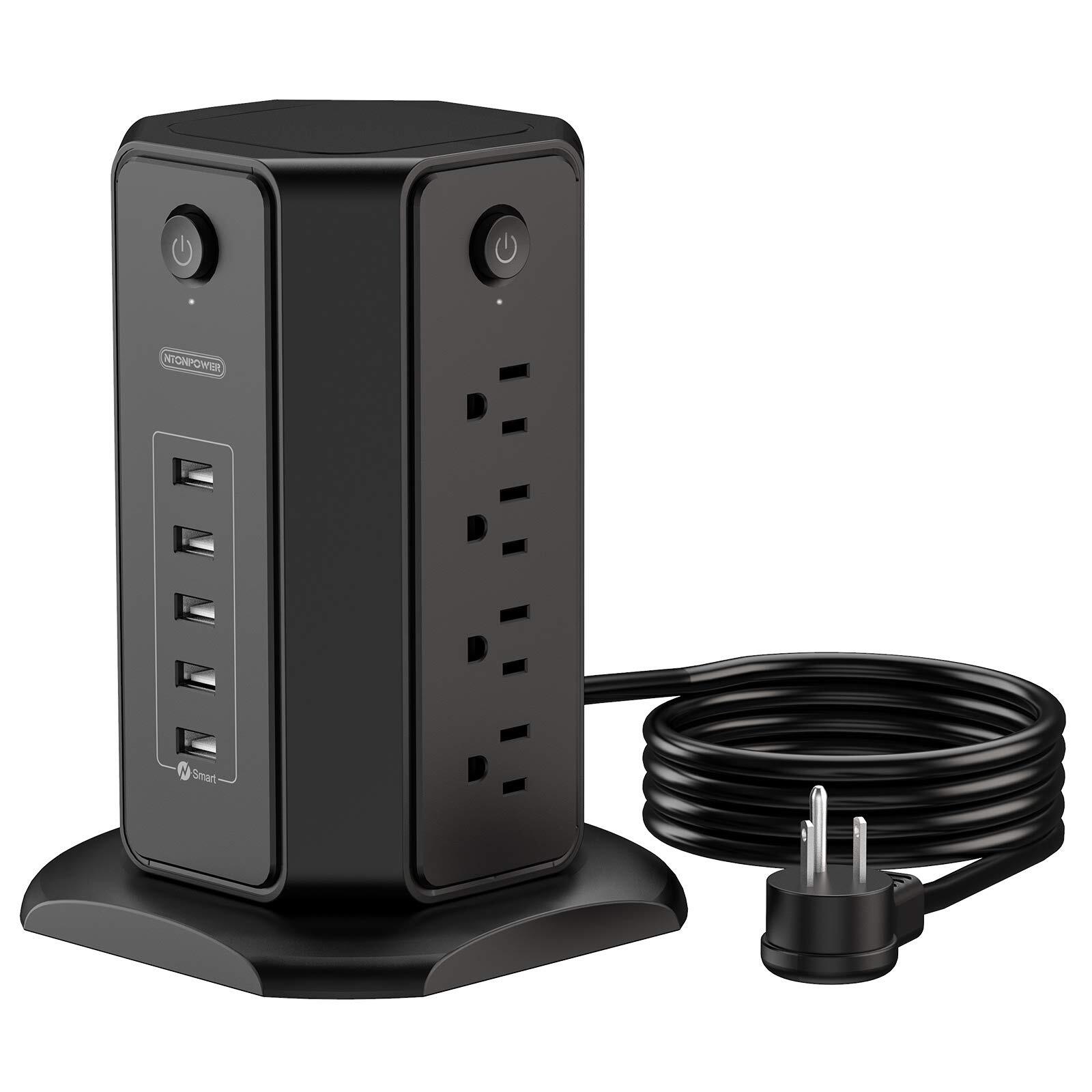 10ft Extension Cord Power Strip Tower Flat Plug Surge Protector With 8 Outlets 5-image