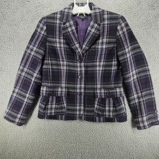 Talbots Womens Tartan Plaid Wool Blend 3 Button Blazer Dark Purple Grey size 12