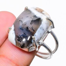 Natural Dendritic Agate Gemstone 925 Sterling Silver Jewelry Ring Size 7 US 