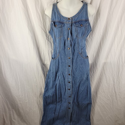 Vintage Jordache Sleeveless Denim Maxi Dress Size M Blue Snap Front Pockets