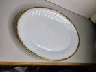 Vintage Fire King Oven Ware White Milk Glass Swirl Oval Serving Platter Gold Rim