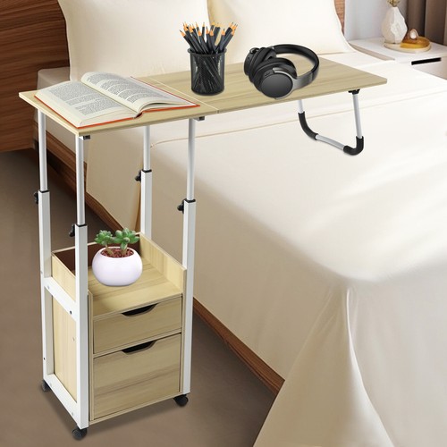 Bedside Table Rollers Height Adjustable Suitable Home Light Wood White - Picture 5 of 12