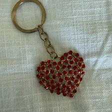 Gold Tone Red Rhinestone Heart Keychain Puffy Crystal Bag Charm Fob Accessory