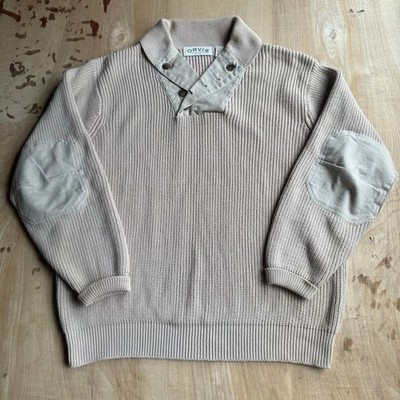 Orvis Vintage Tan Cream Cotton Military Style Shawl Collar Knit Sweater Large