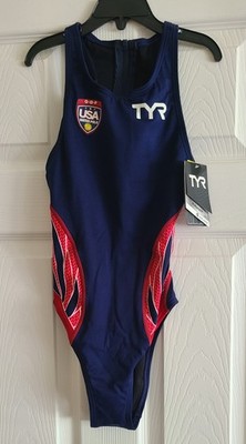 TYR Durafast Elite 300+ One Piece Swimsuit USA Water Polo Logo Women's Size 32