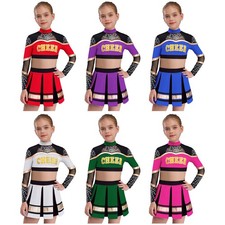 Kids Girls 2 Piece Cheerleading Uniform Outfits Crop Top and Pleated Skirt Set