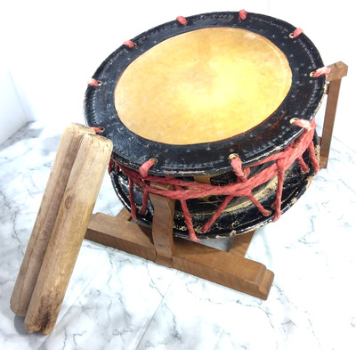 Vintage Taiko Shime-Daiko Drum Maki-e With 2 Drumsticks Japan Musical Instrument