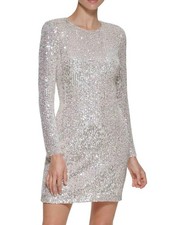 Eliza J Women's Shimmer Silver Sequin Long-Sleeve Cocktail Evening Dress Size 16