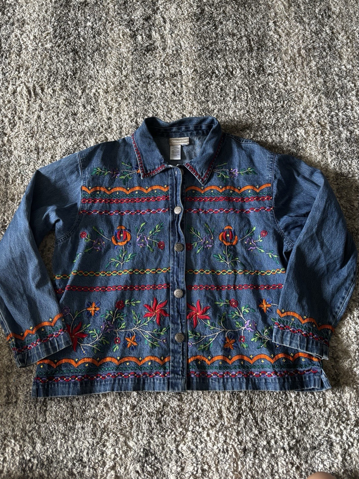 Coldwater Creek Blue Floral Embroidered Button Collared Jacket Women's PXL