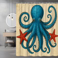 Blue Octopus Shower Curtain with Starfish Design