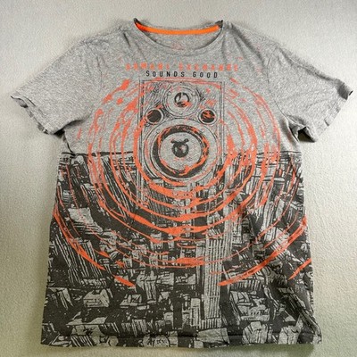 Armani Exchange Mens Sounds Good Graphic T-Shirt Gray Orange Speaker 3ZZTDS L