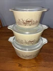 Pyrex Forest Fancies Mushroom 6 Pieces Casserole Dish Bowls Lids Set Vintage