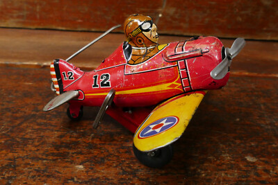 Vintage 1940s Marx Red Roll Over Plane #12 Tin Wind-up Stunt
