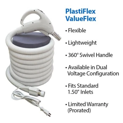 Central Vacuum Hose Plastiflex Brand 30' Pigtail Electric Cord 3 Position Switch