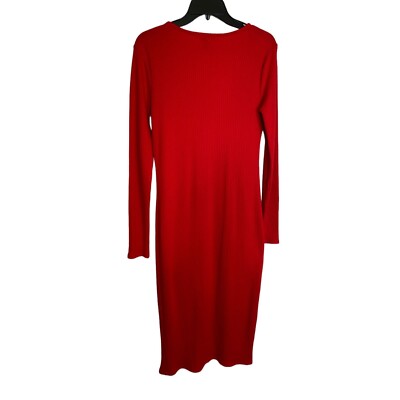 Forever 21 Red Ribbed Knit Button Down Midi Sheath Dress Size L Office Siren